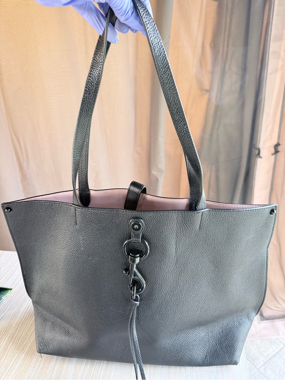 Rebecca Minkoff Black Leather Megan Tote with Pink Interior